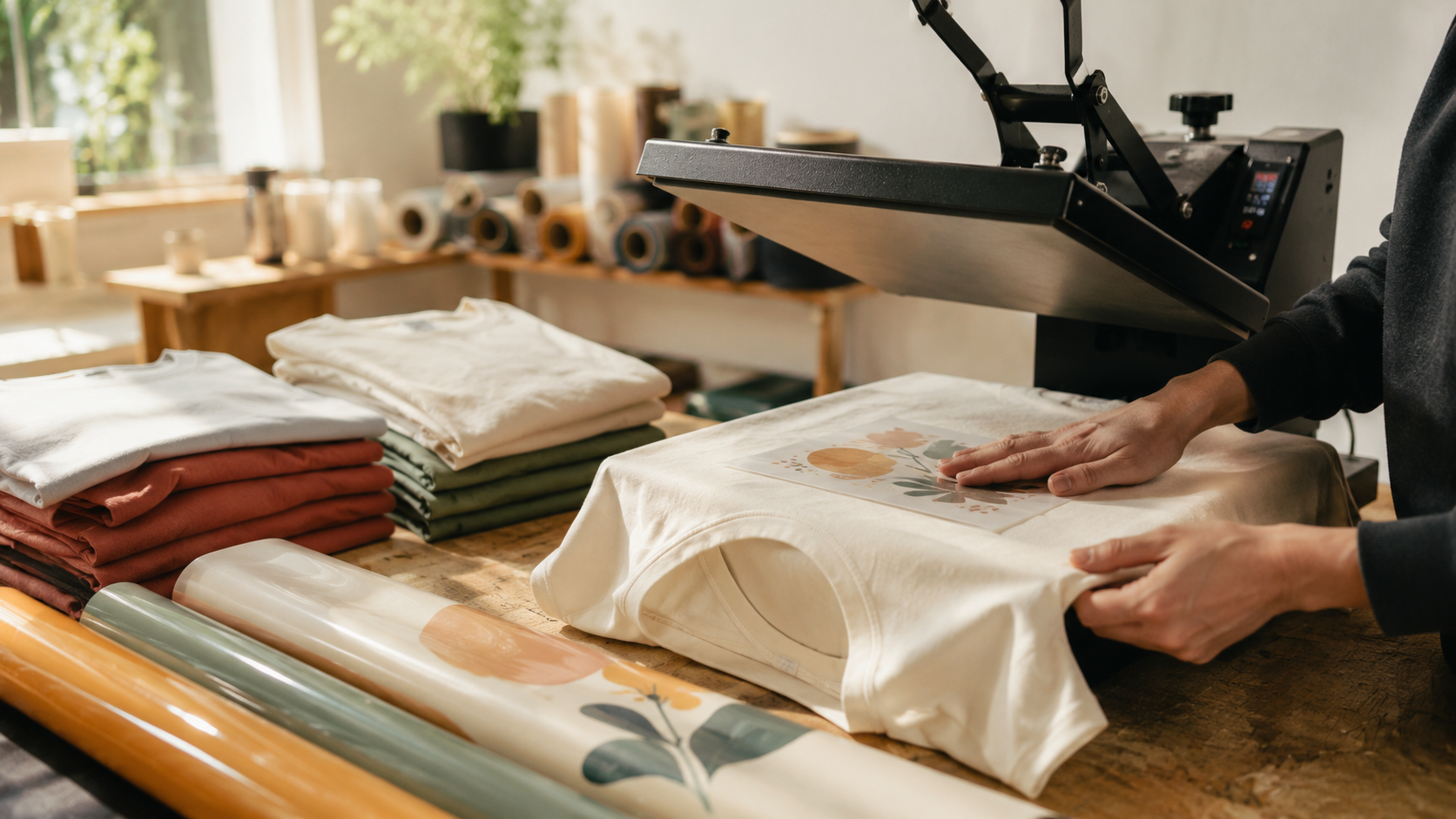 Atelier d'impression textile : mains posant un t-shirt écru sous la presse à chaud, piles de t-shirts et rouleaux de film
