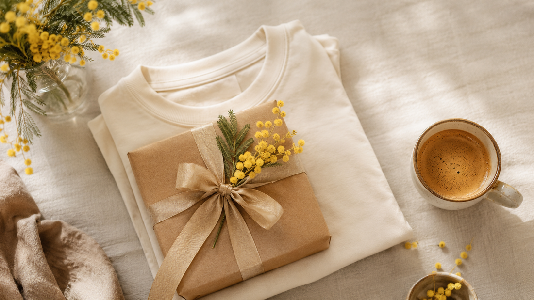 Paquet cadeau en papier kraft à ruban doré posé sur un t-shirt crème plié, avec du mimosa et une tasse de café
