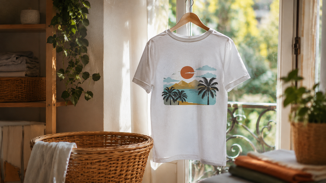 T-shirt blanc à motif plage suspendu à un cintre en bois devant une fenêtre ensoleillée, panier à linge en osier