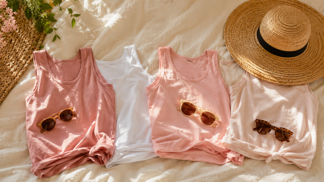 Quatre débardeurs rose et blanc étendus côte à côte sur un drap de lin, avec lunettes de soleil et chapeau de paille