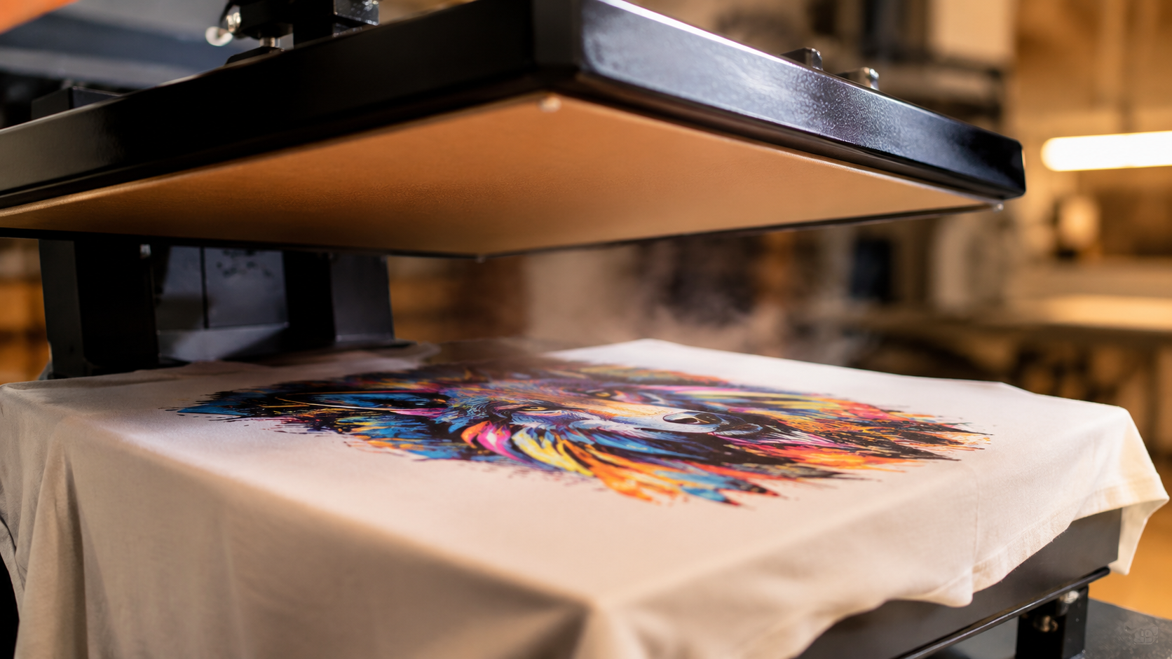 Presse à chaud textile se soulevant sur un motif multicolore fraîchement transféré en DTF sur un t-shirt clair