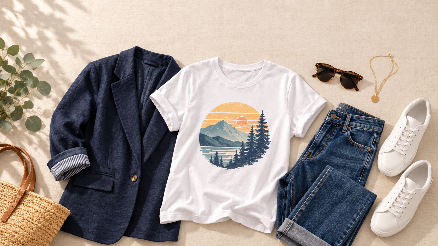 Tenue à plat avec t-shirt blanc à motif montagne, blazer marine, jean brut, baskets blanches et panier en osier