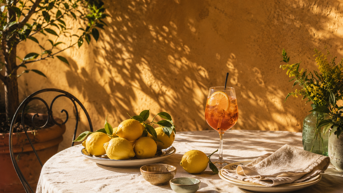 Table de terrasse italienne à l'ombre avec citrons frais, verre de spritz et mur ocre baigné de soleil