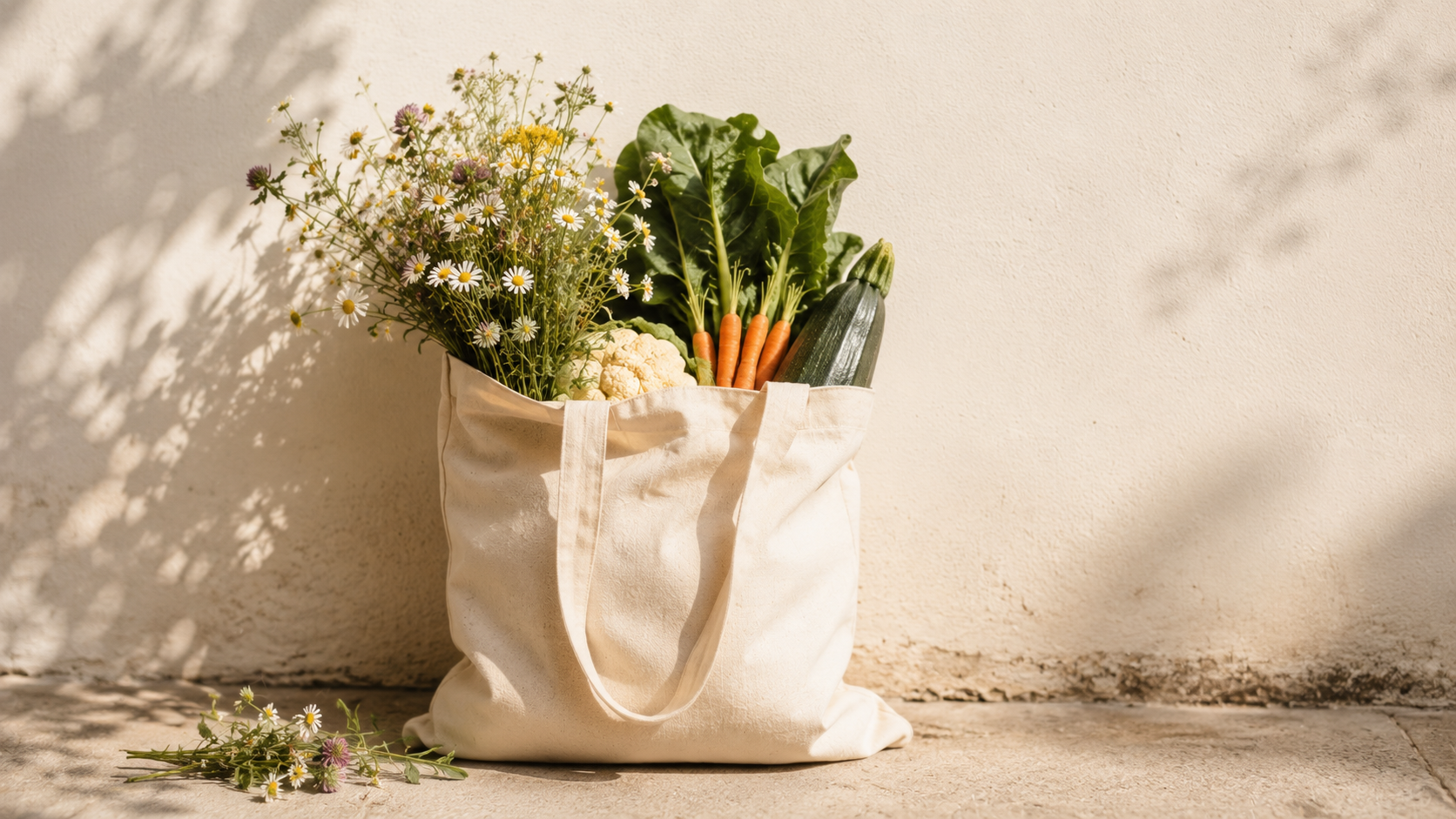 Tote bag en coton naturel rempli de légumes du marché et de fleurs des champs, posé contre un mur clair
