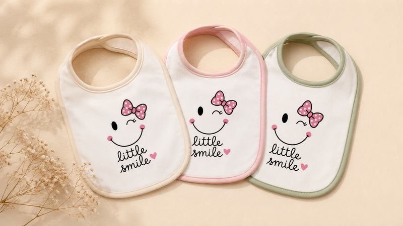 Trois bavoirs bébé Little Smile à biais écru, rose et vert sauge sur fond crème