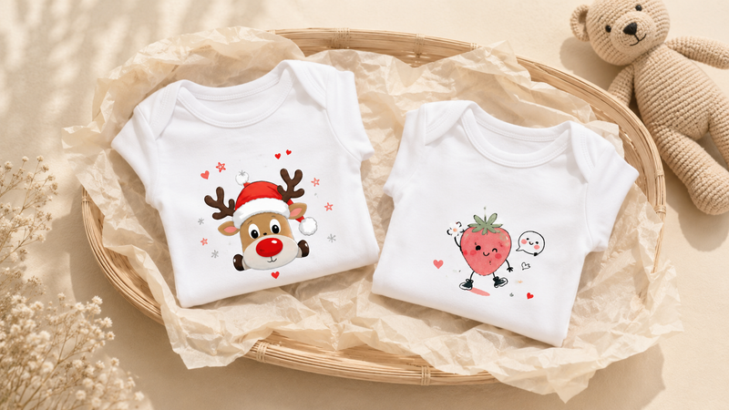 Deux bodys bébé blancs à motifs renne de Noël et fraise, dans un panier en osier avec une peluche