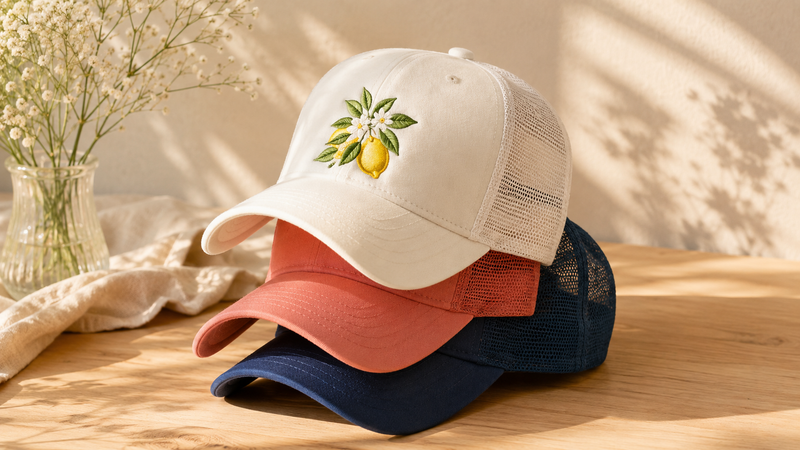Trois casquettes empilées écrue, corail et bleu marine, la première brodée d'un motif citron Limoncello