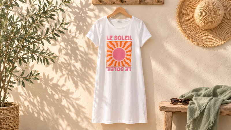 Robe t-shirt blanche à motif soleil suspendue à un cintre devant un mur clair, ombres d'olivier