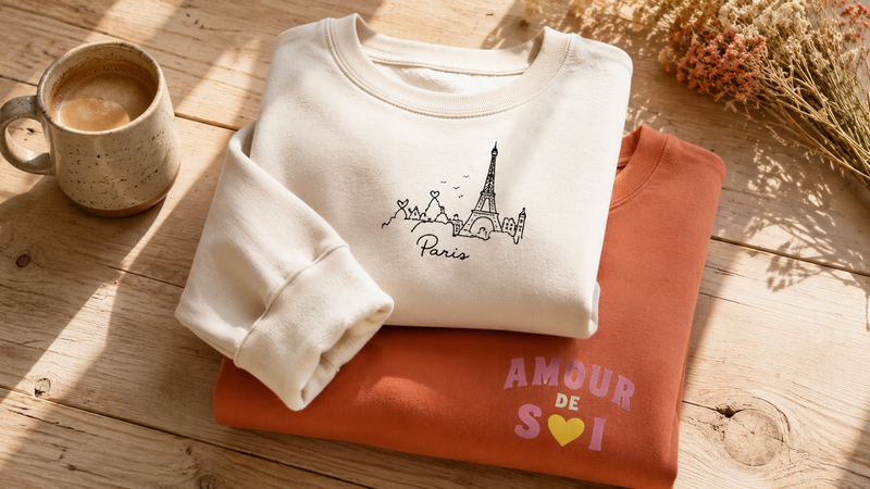 Deux sweats femme pliés sur une table en bois, l'un écru motif Paris, l'autre terracotta Amour de Soi
