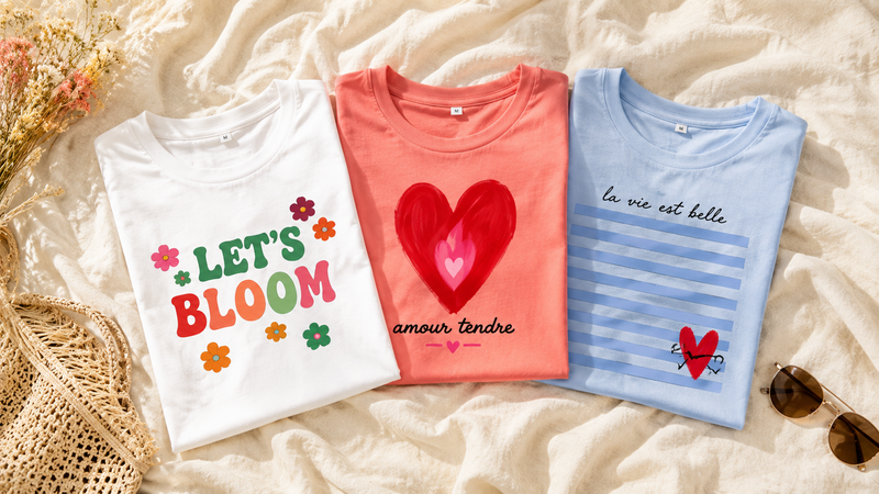 Trois t-shirts femme pliés sur un drap écru, motifs Let's Bloom, Amour Tendre et La vie est belle