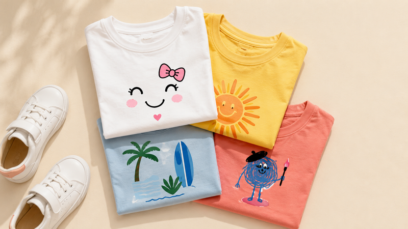Quatre t-shirts enfant pliés aux tons pastel, motifs Little Smile, soleil, plage et petit artiste, avec baskets blanches