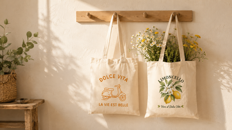 Deux tote bags en coton naturel suspendus à une patère en bois, motifs Dolce Vita et Limoncello