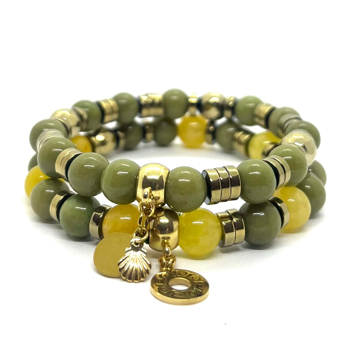Set de 2 bracelets agate verte et calcédoine jaune 8 mm