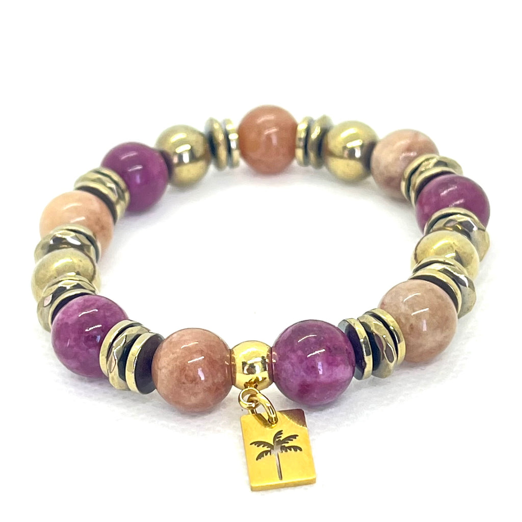 Bracelet Prague 10 mm mokaïte violine et pierre de soleil