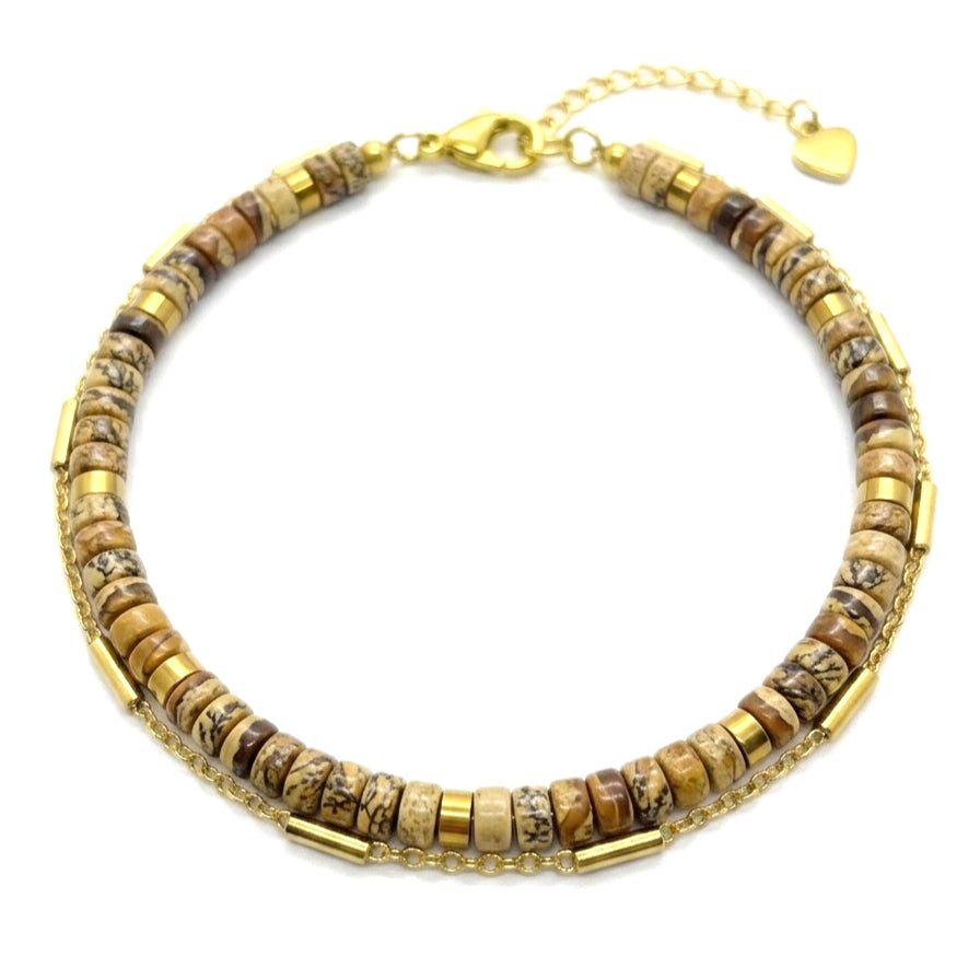 Bracelet double rang jaspe heishi et chaînette jaseron acier doré