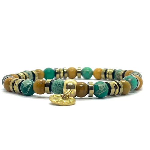 Bracelet Gaïa mokaïte et jaspe vert porté au poignet
