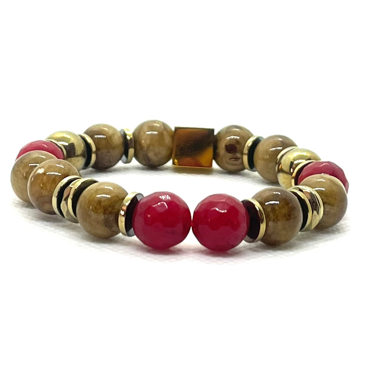 Bracelet Prague 10 mm agate rouge à facettes et jaspe paysage