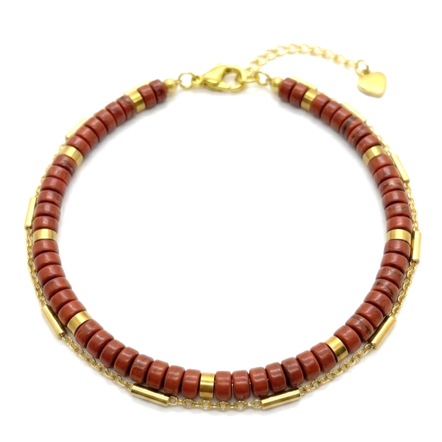 Bracelet double rang jaspe rouge heishi et chaînette jaseron acier doré