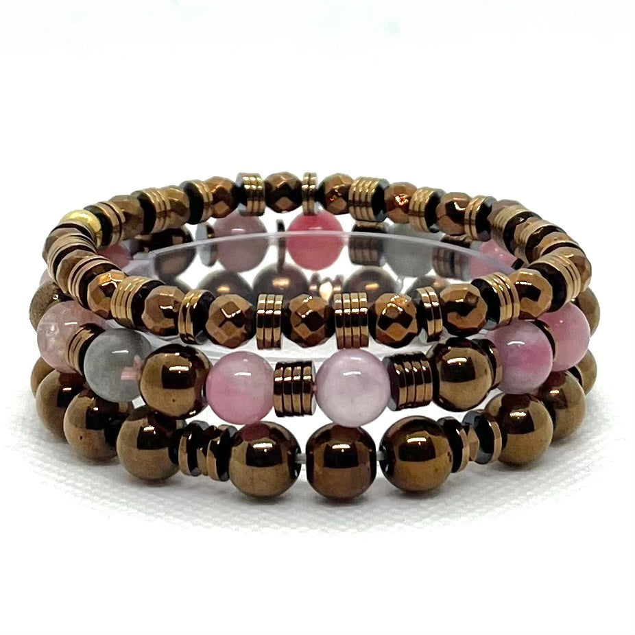 Set de 3 bracelets calcédoine rosée et hématite dorée