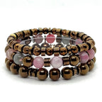 Set de 3 bracelets calcédoine rosée et hématite dorée