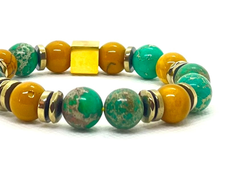 Bracelet Prague mokaïte et jaspe vert porté au poignet
