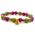 Bracelet Les Éphémères agate verte et perles fuchsia 8 mm