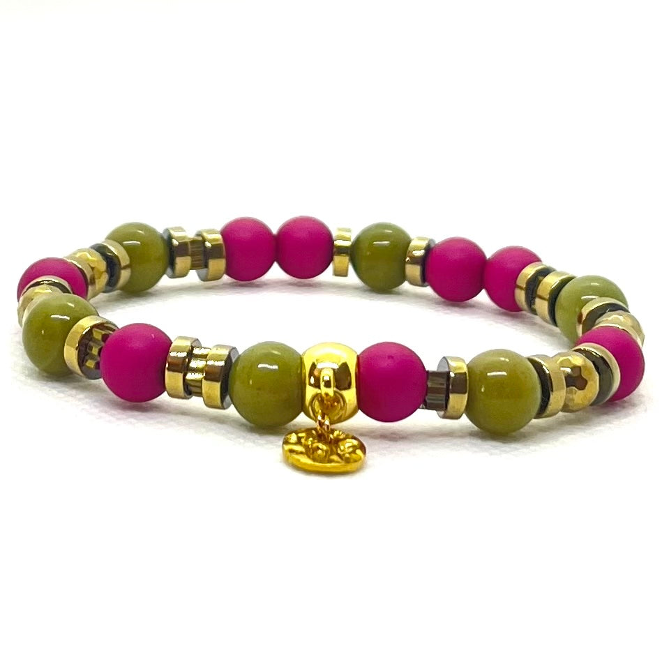 Bracelet Les Éphémères agate verte et perles fuchsia 8 mm