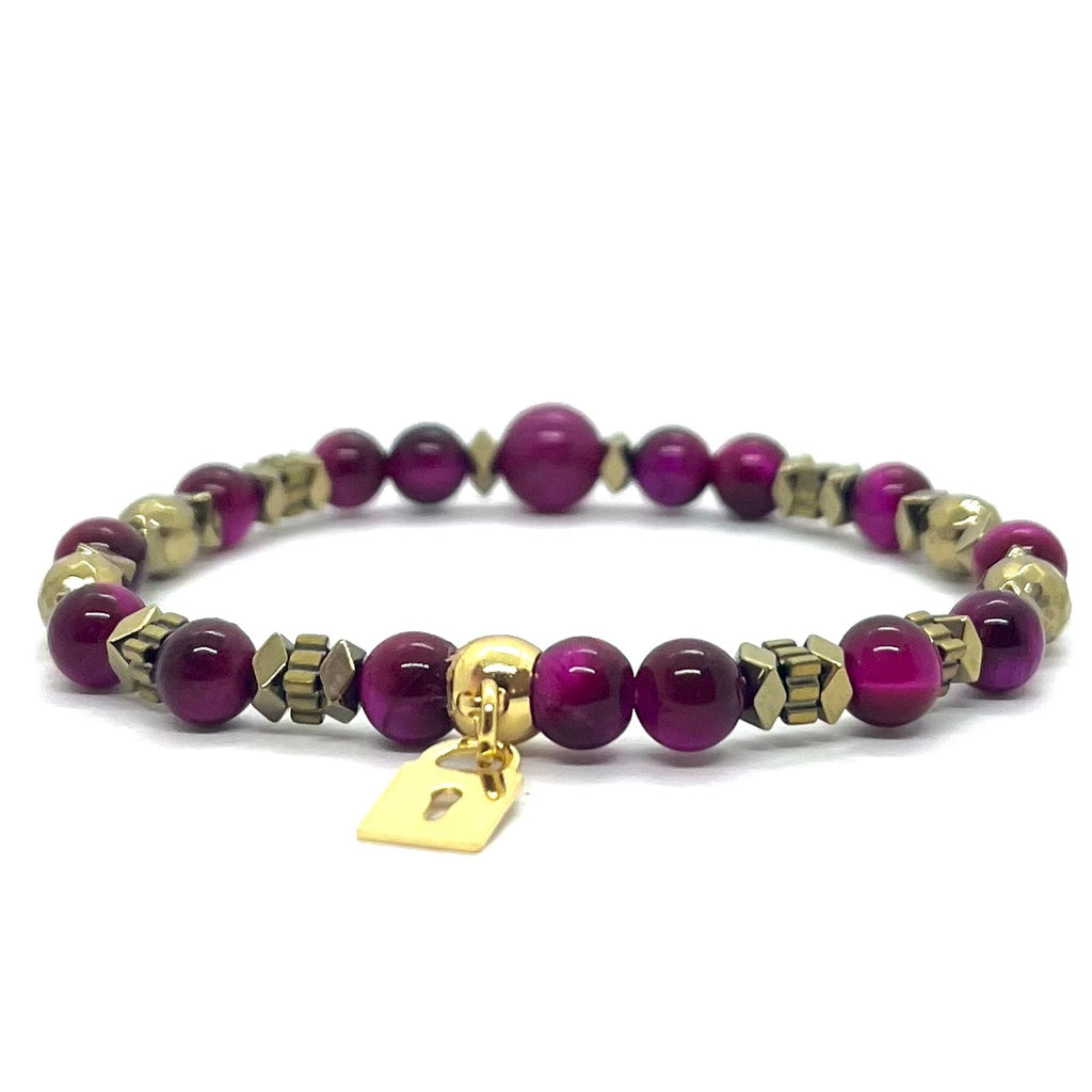 Bracelet Les Éphémères en œil de tigre teinté violine 6 mm