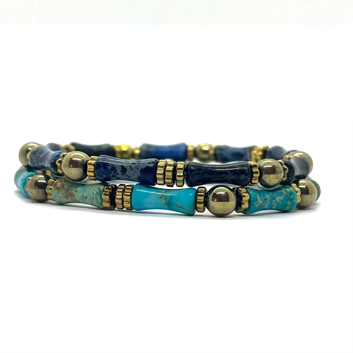 Set de 2 bracelets Miss Bambou jaspe impérial bleu et turquoise