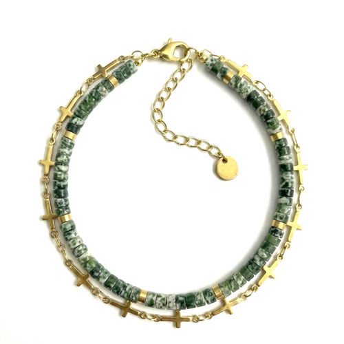 Bracelet double rang jaspe vert heishi et chaîne croix dorée