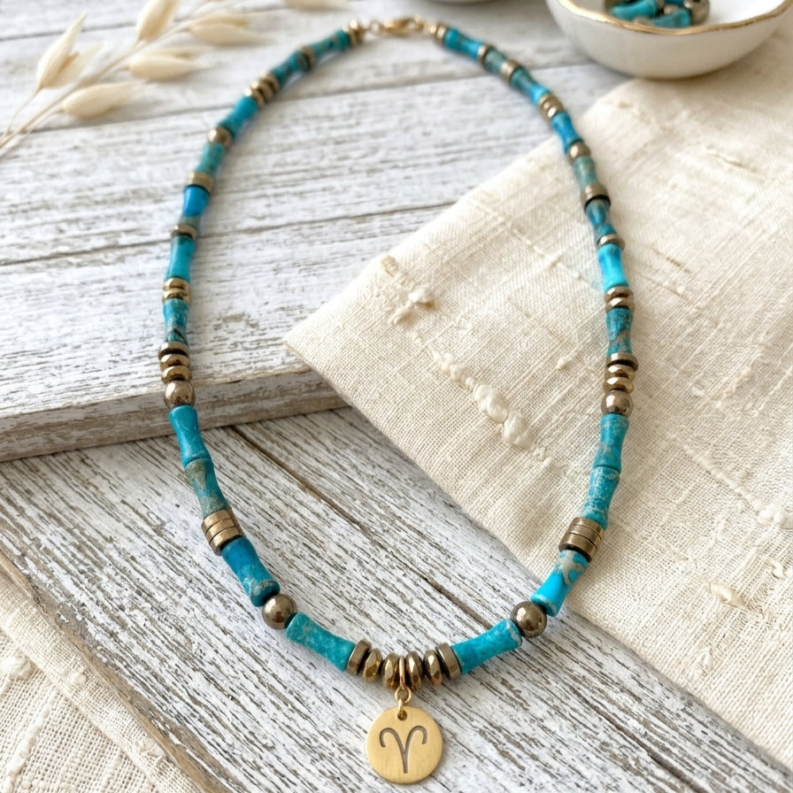 Collier Zodiaque jaspe impérial porté