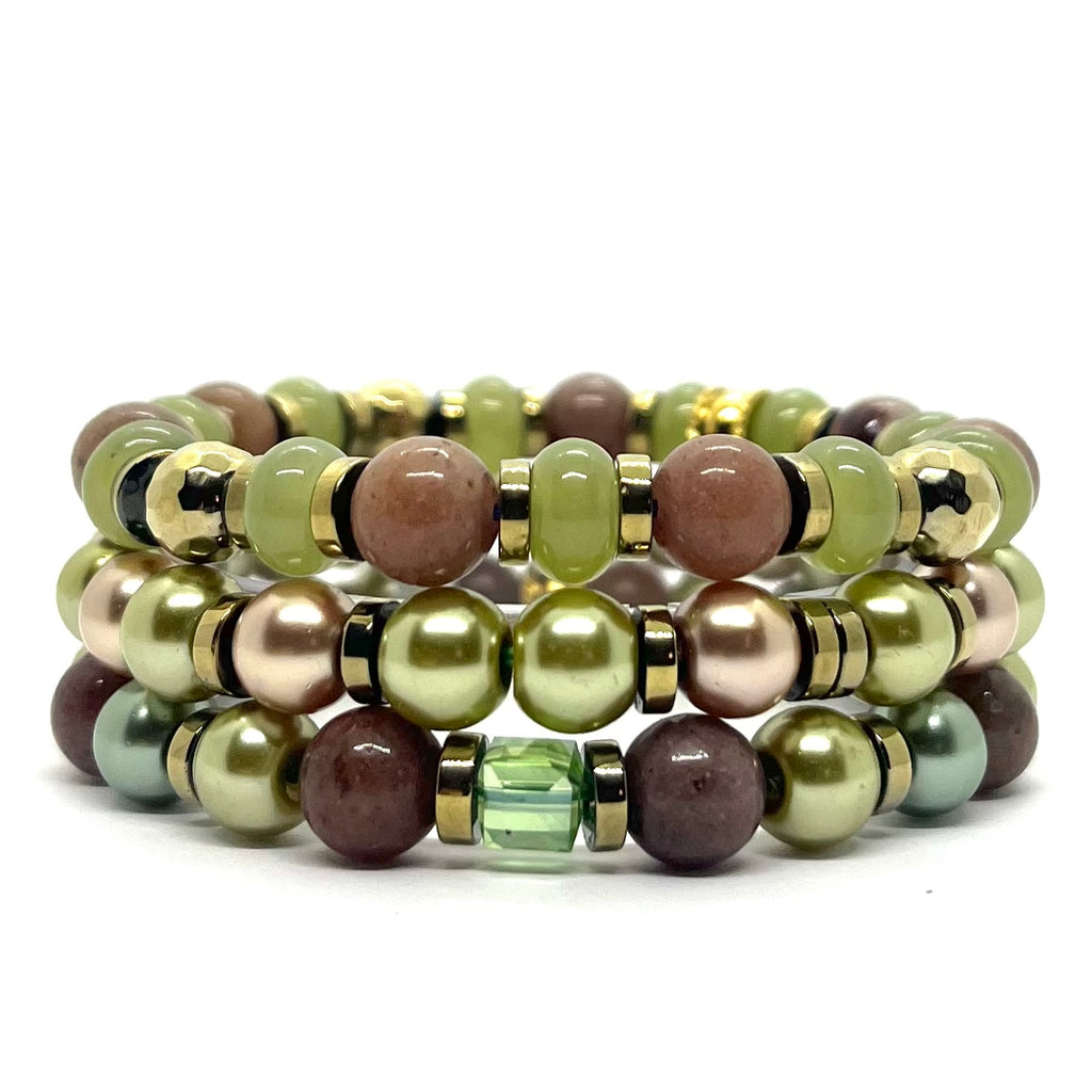Set de 3 bracelets agate et perles nacrées, tons sauge taupe et brun rosé
