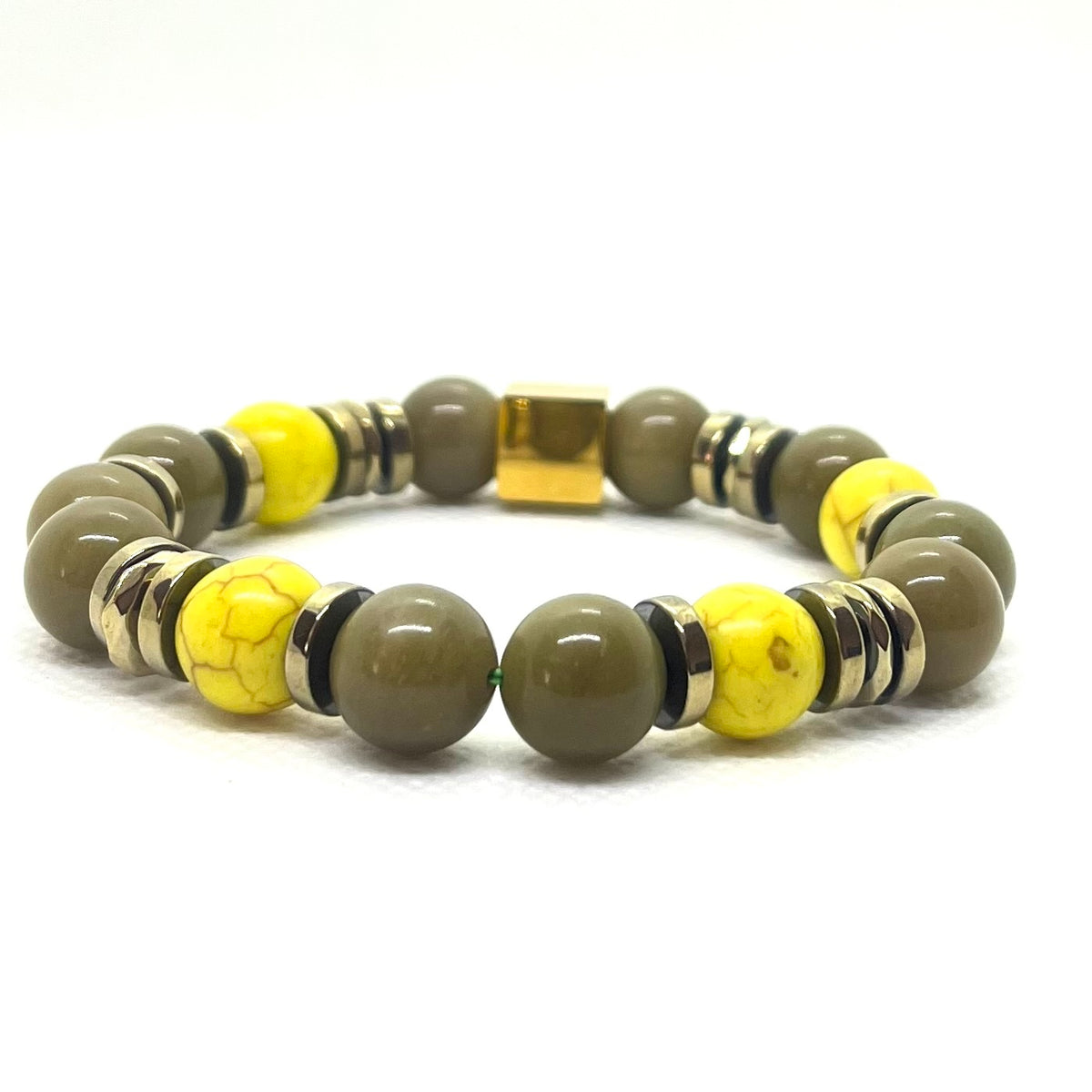 Bracelet Prague 10 mm agate verte et howlite jaune