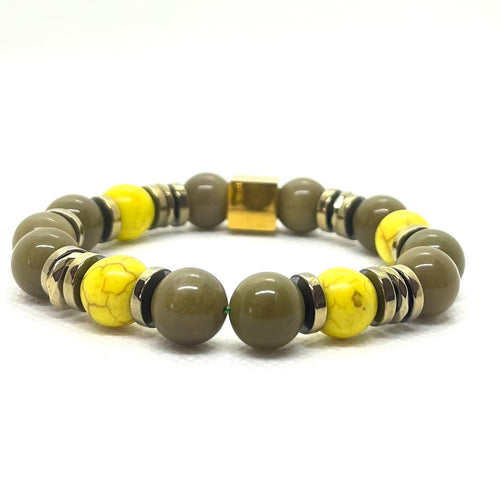 Bracelet Prague 10 mm agate verte et howlite jaune