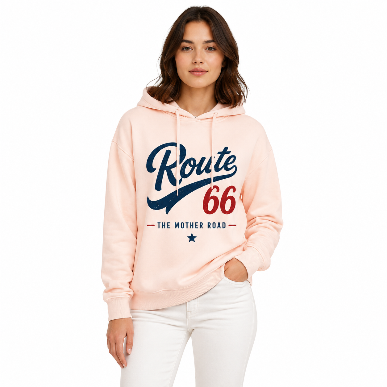 Sweat à capuche femme oversize Route 66 blanc : lettrage baseball vintage Route 66 bleu marine et rouge, sous-titre The Mother Road