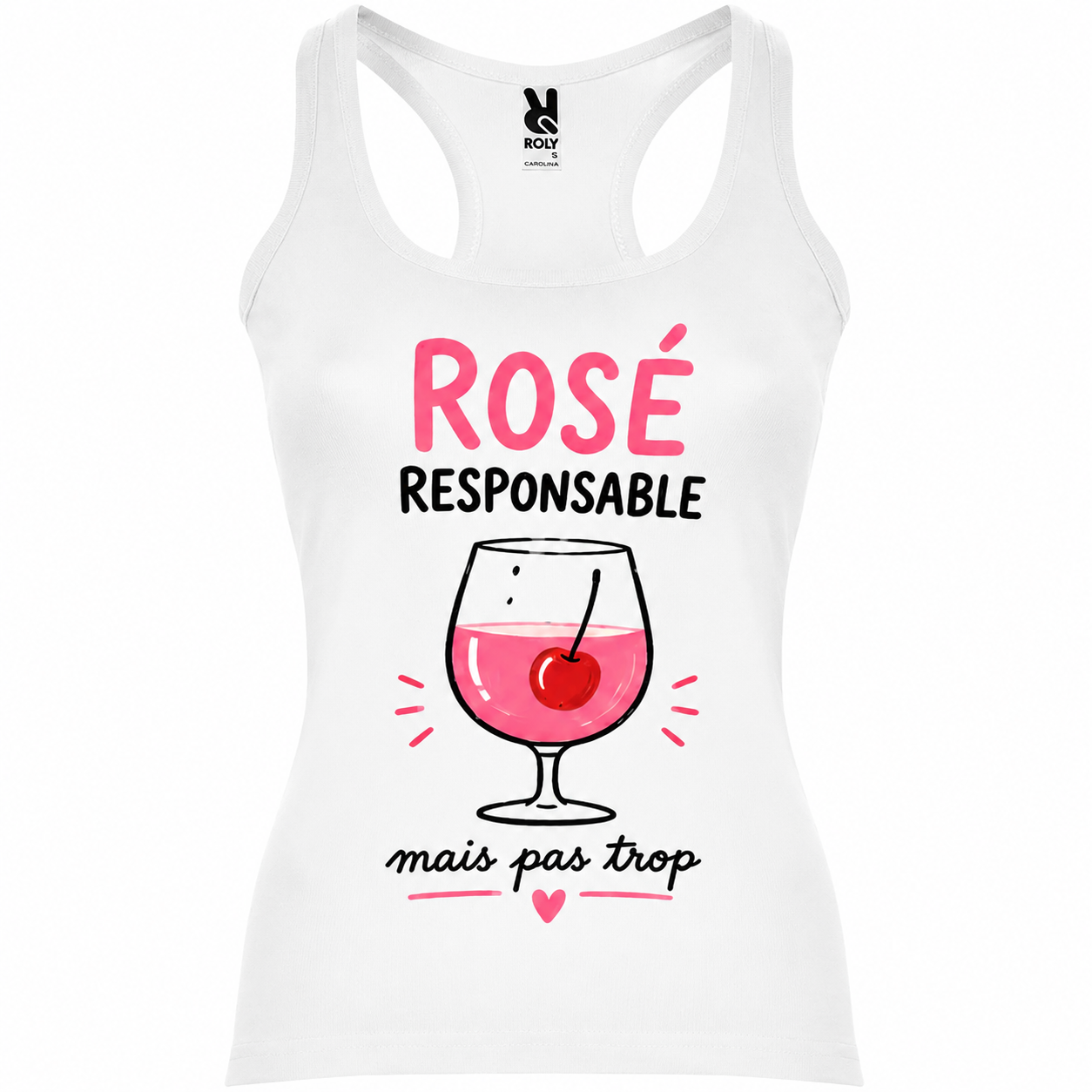 Débardeur femme Rosé Responsable : détail du verre de rosé et du slogan