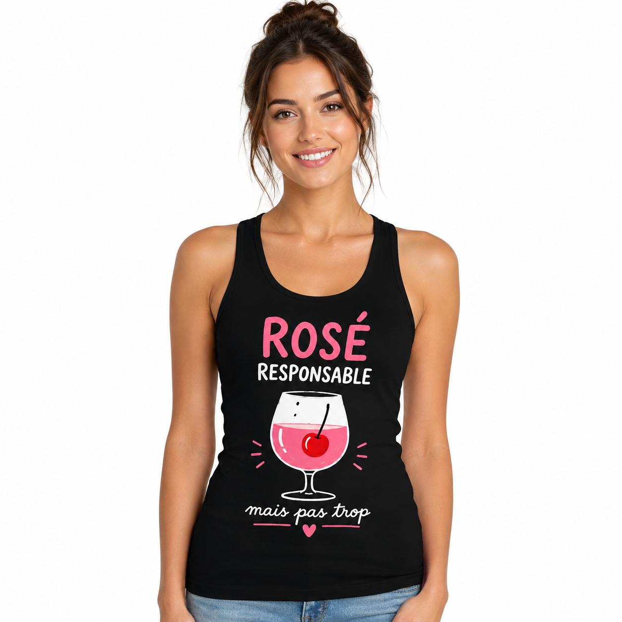 Débardeur femme Rosé Responsable blanc, dos nageur : verre de rosé avec cerise et slogan Rosé responsable mais pas trop
