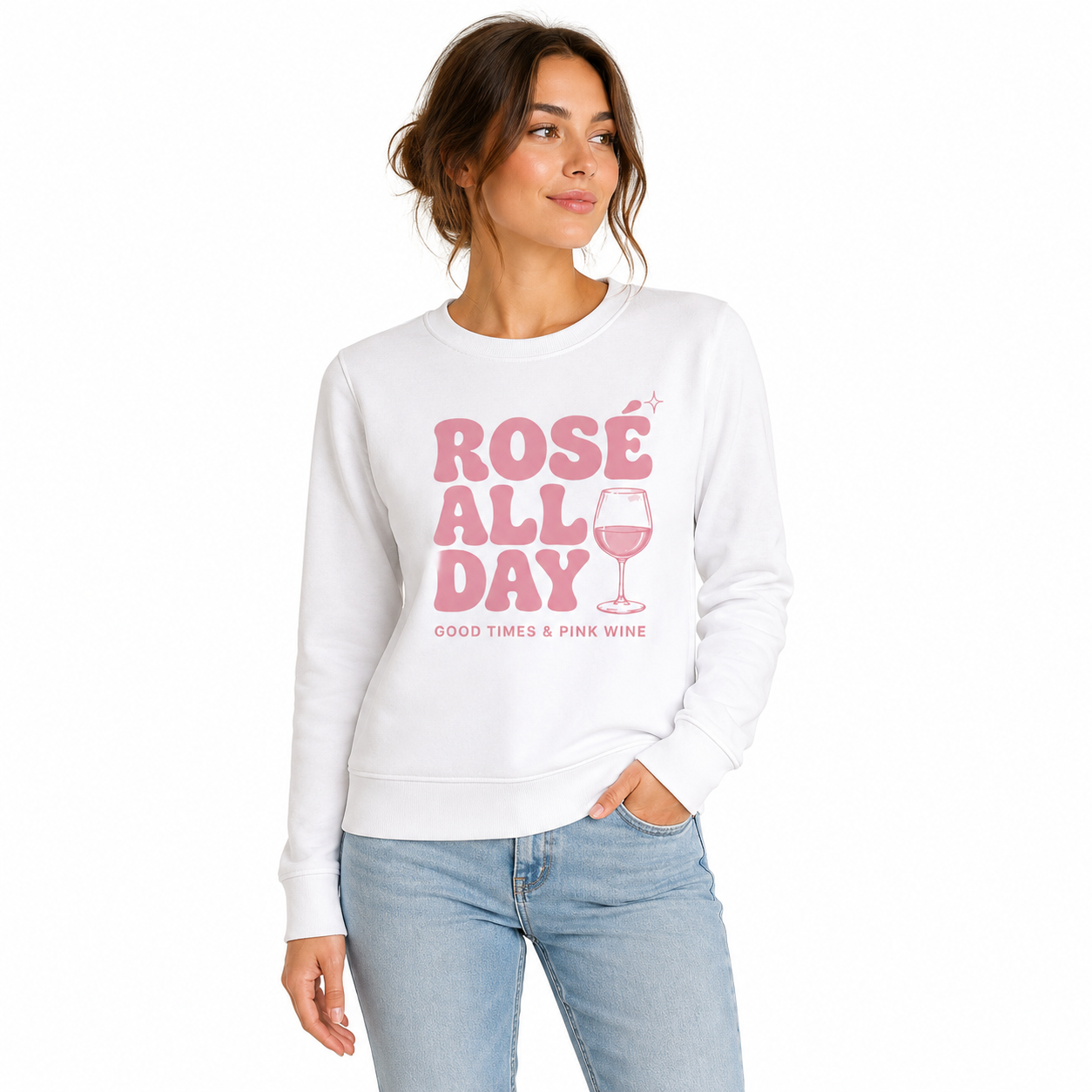 Sweat femme Rosé All Day blanc : lettrage groovy rétro rose, verre de rosé illustré et sous-titre Good Times & Pink Wine