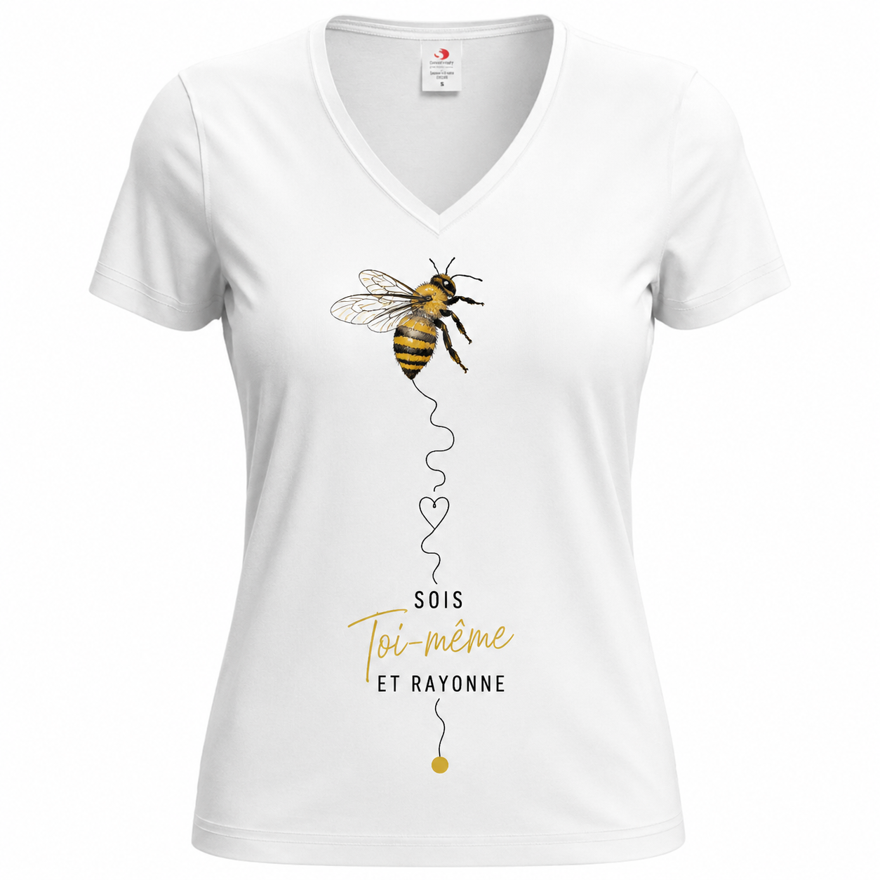 T-shirt femme col V Abeille : détail du motif abeille dorée