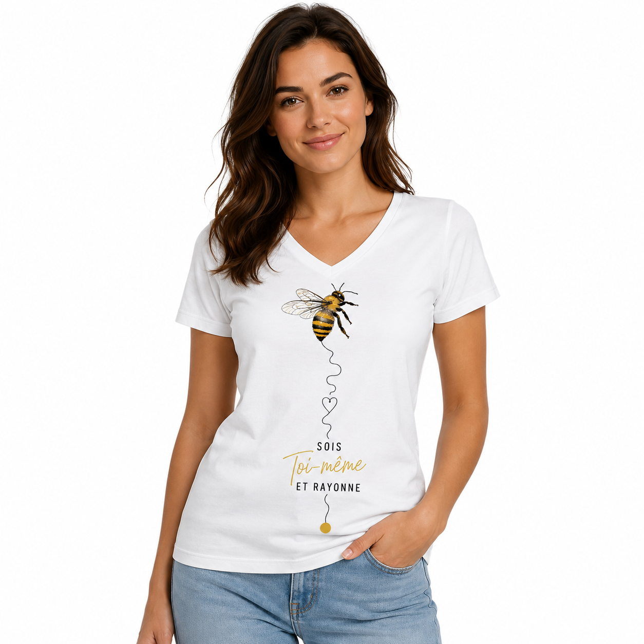 T-shirt femme col V Abeille : abeille et slogan Sois toi-même et rayonne, col V