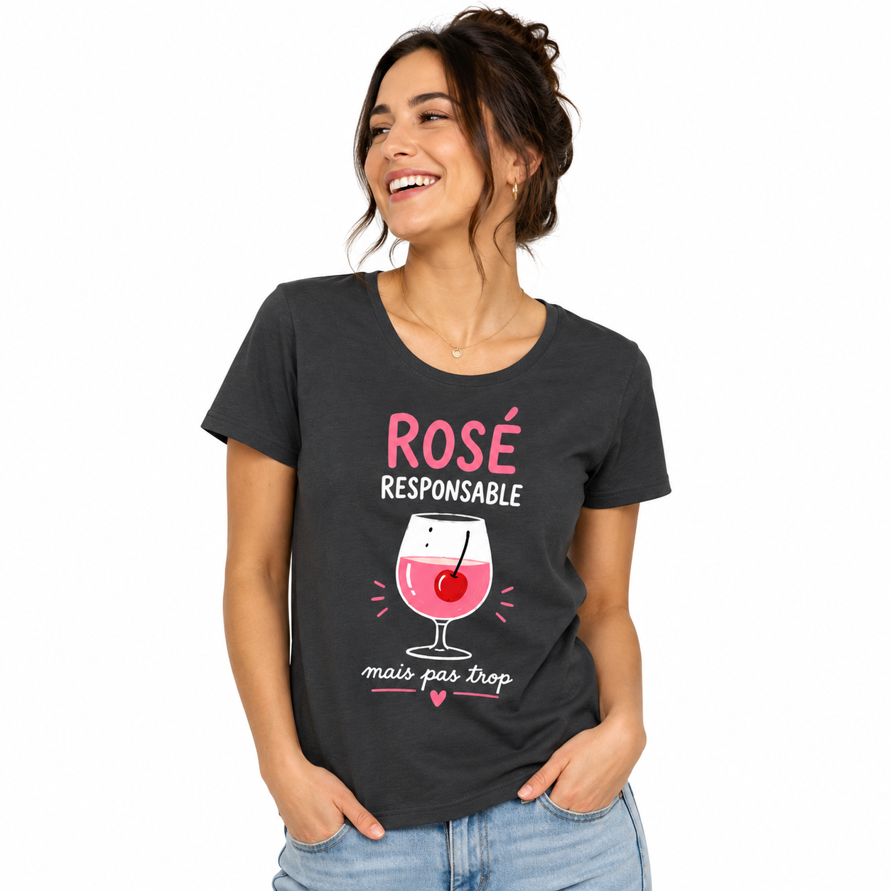 T-shirt anthracite Rosé Responsable : verre de rosé et slogan Rosé Responsable
