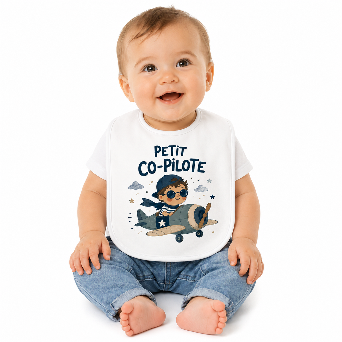 Bavoir Petit Co-Pilote, bavoir bébé en coton imprimé en France