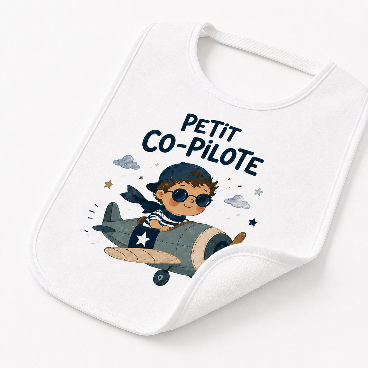 Bavoir Petit Co-Pilote, bavoir bébé en coton imprimé en France — vue complémentaire 3