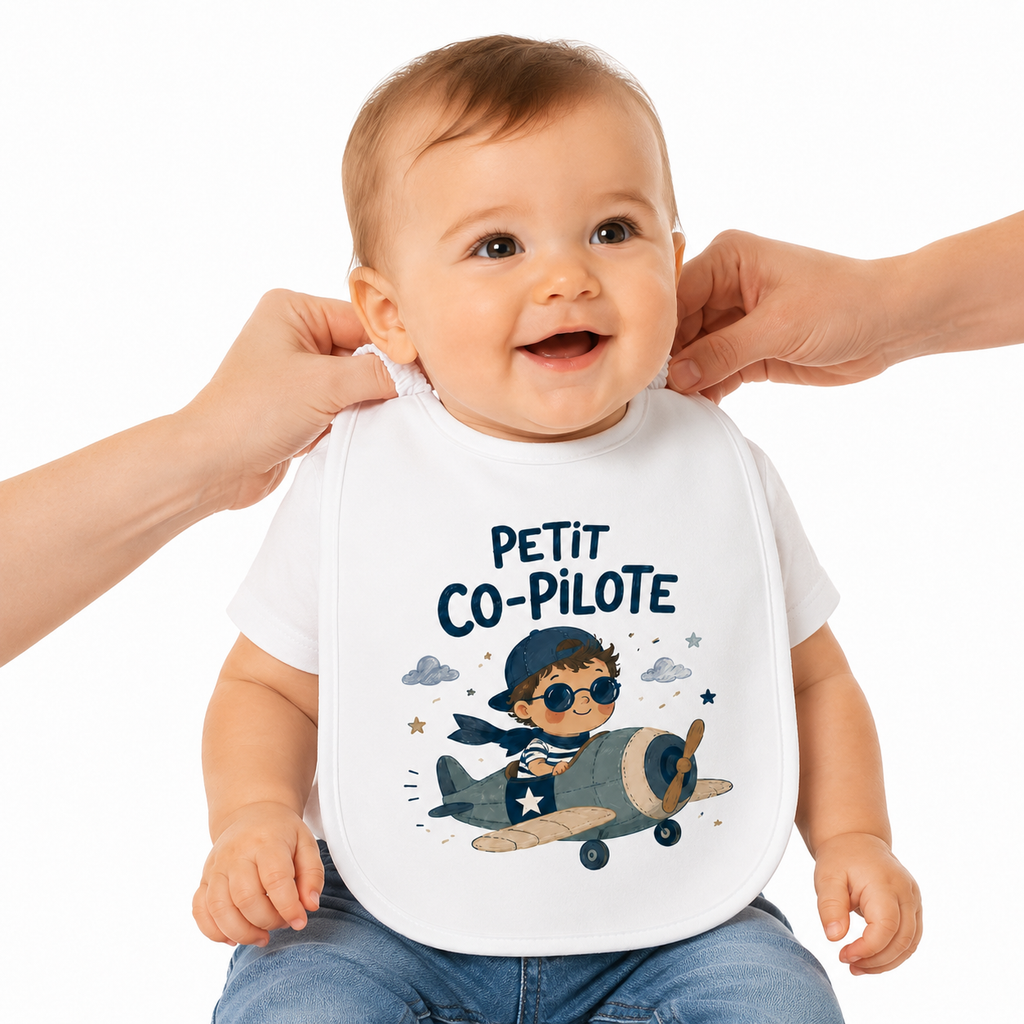 Bavoir Petit Co-Pilote, bavoir bébé en coton imprimé en France — vue complémentaire 4