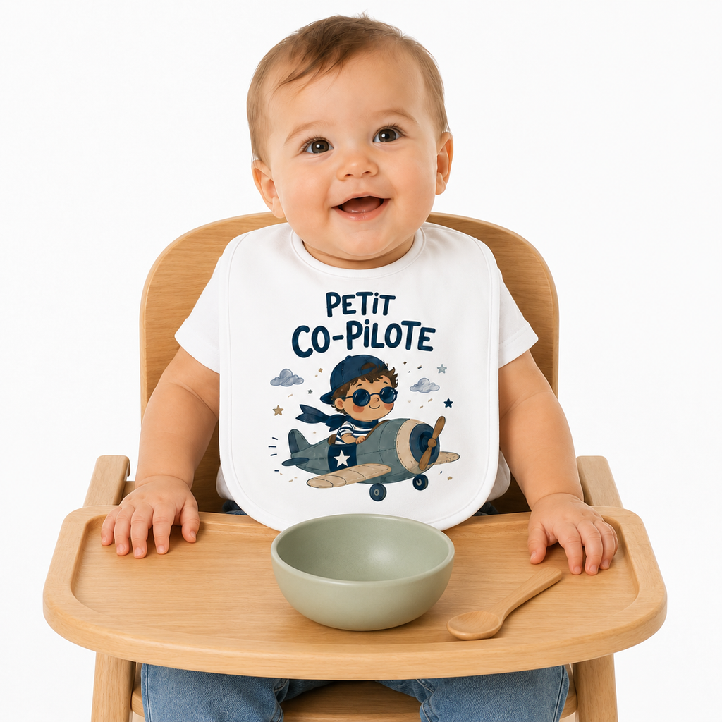 Bavoir Petit Co-Pilote, bavoir bébé en coton imprimé en France — vue complémentaire 5