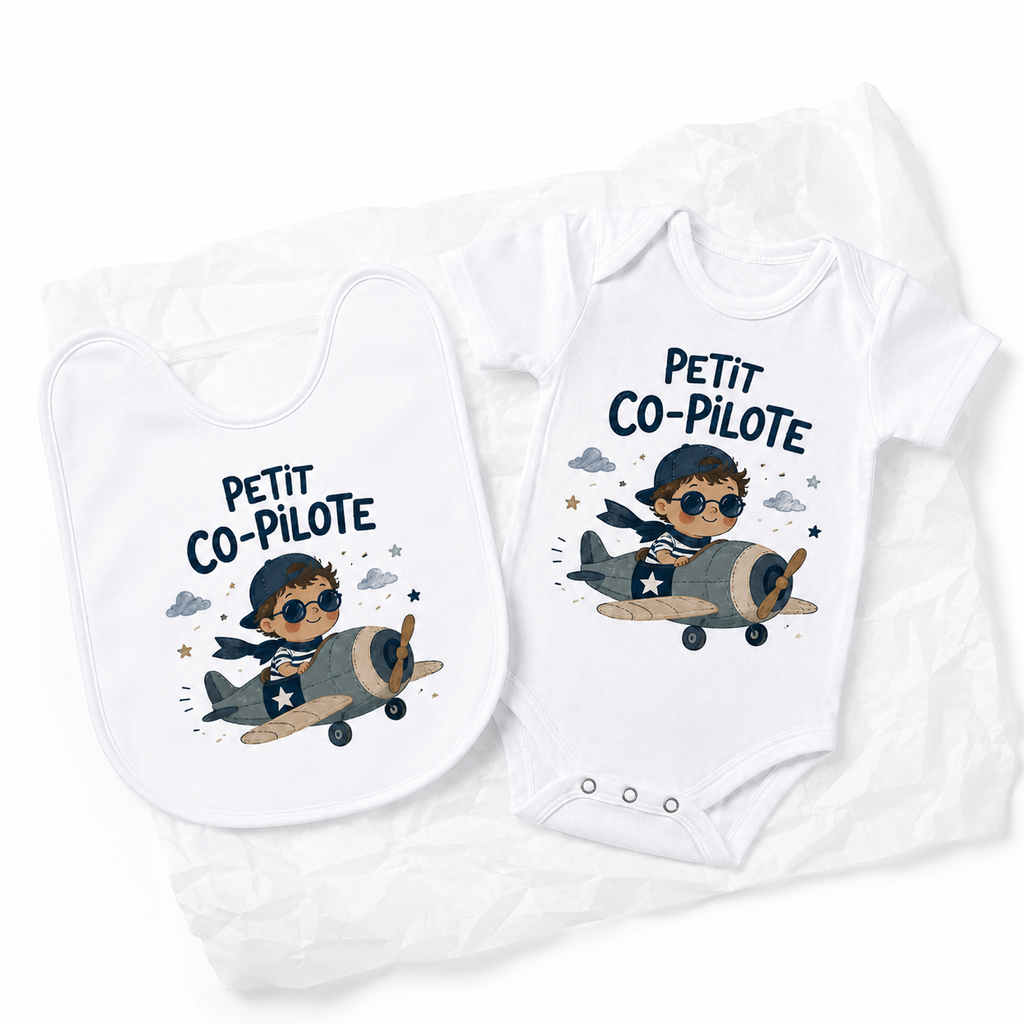Bavoir Petit Co-Pilote, bavoir bébé en coton imprimé en France — vue complémentaire 6