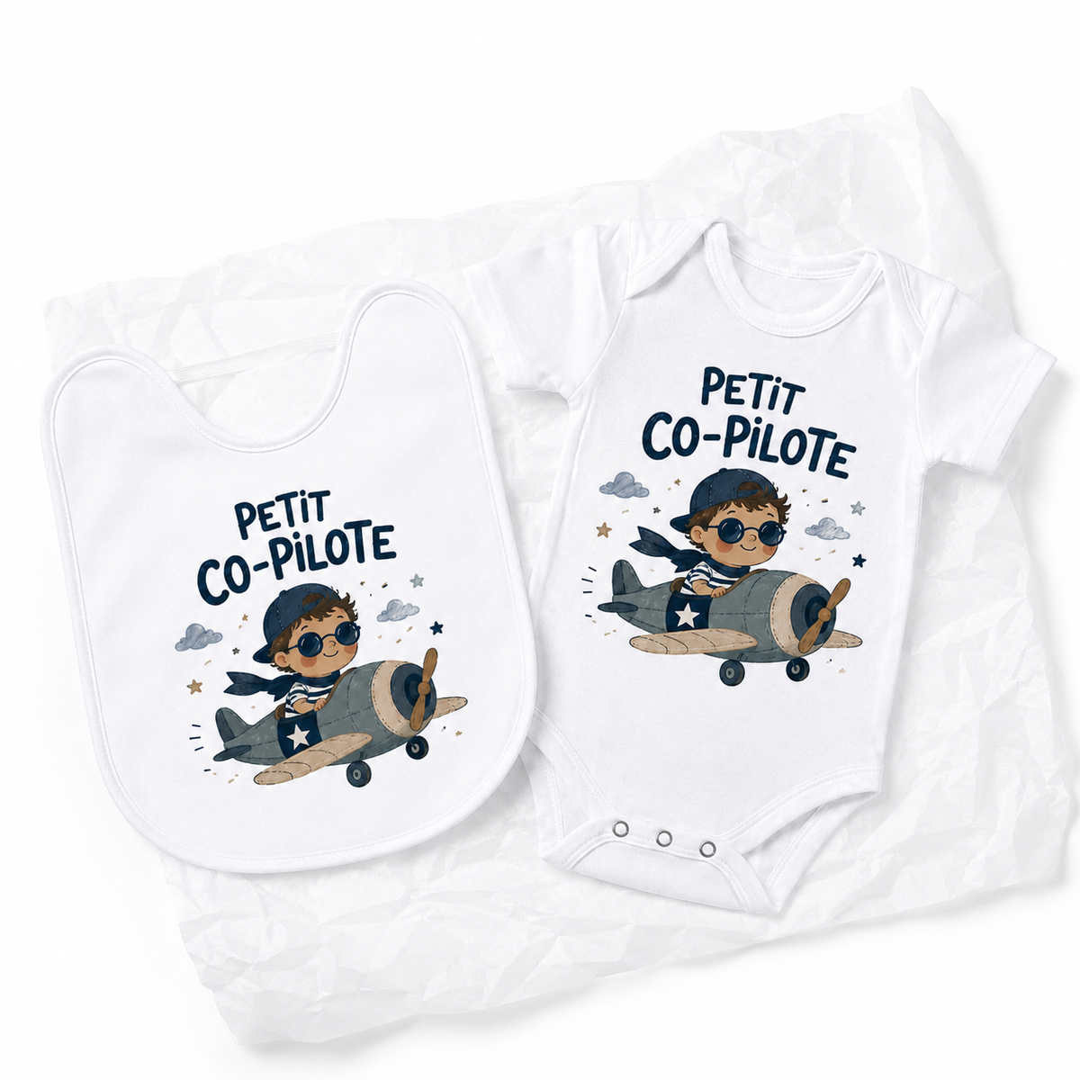 Bavoir Petit Co-Pilote, bavoir bébé en coton imprimé en France — vue complémentaire 6