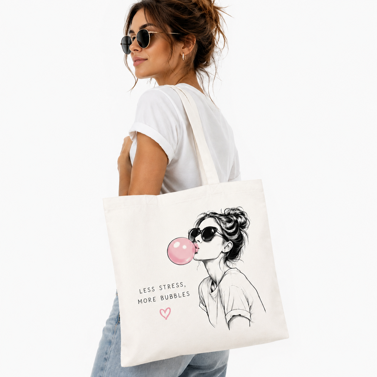 Tote bag Bubble Gum blanc : bulle de chewing-gum rose, Less Stress More Bubbles
