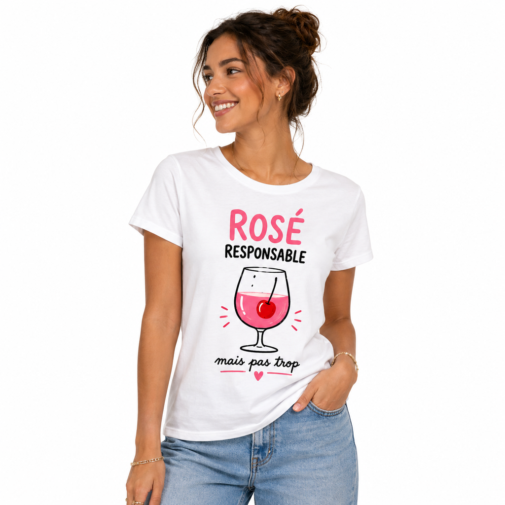 T-shirt blanc Rosé Responsable : verre de rosé et slogan Rosé Responsable