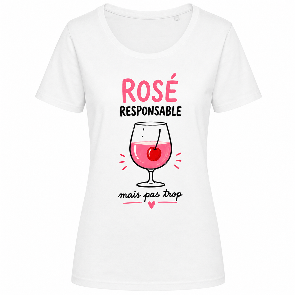 T-shirt blanc Rosé Responsable : détail du motif Rosé Responsable